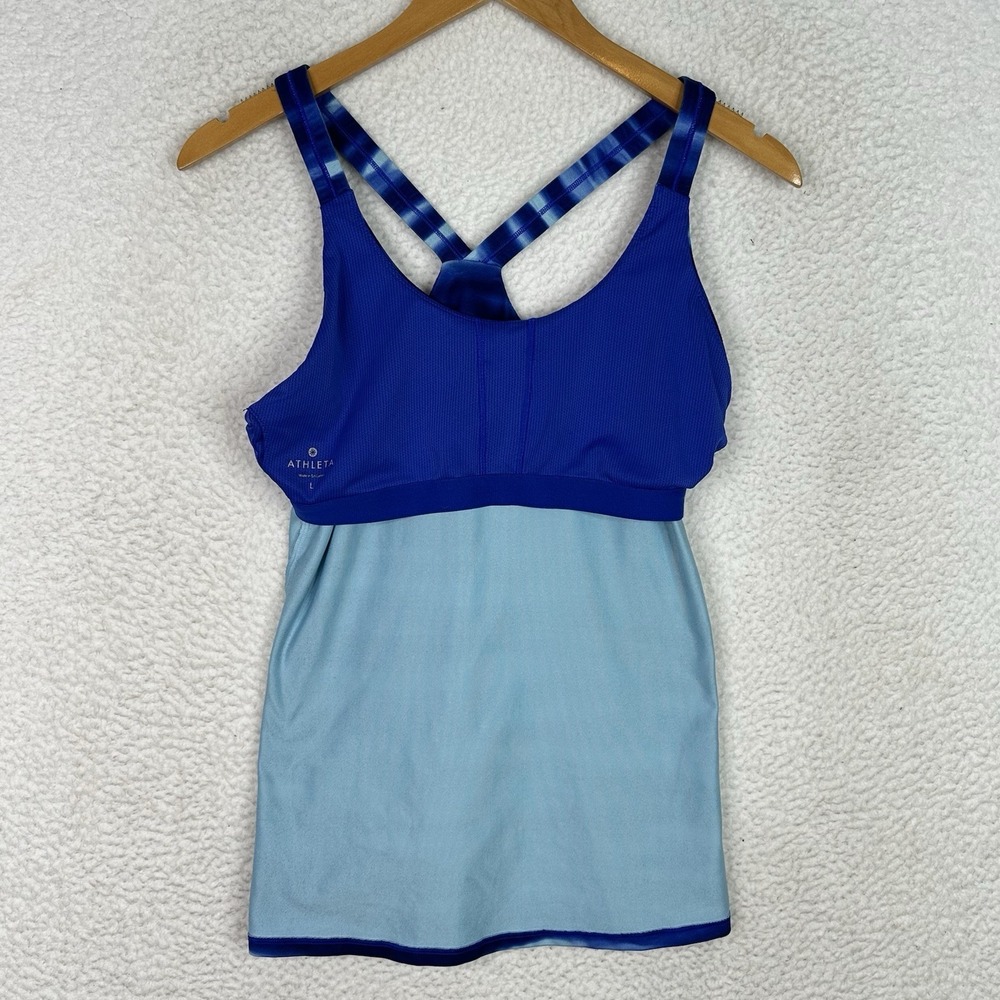 Athleta Tankini Swim Top Womens L Blue Racerback Shelf Bra Crossback Athletic - Picture 6 of 14